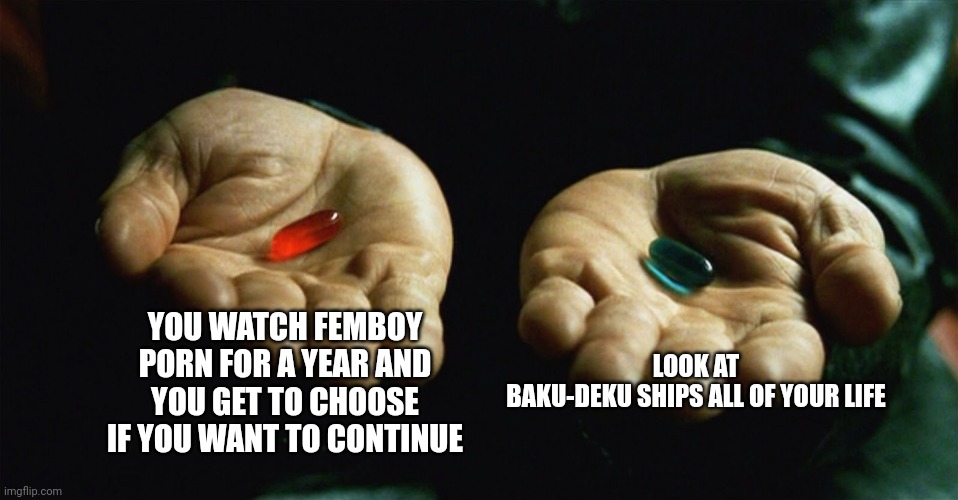 hmmmmmmmmm...~ ;) | YOU WATCH FEMBOY PORN FOR A YEAR AND YOU GET TO CHOOSE IF YOU WANT TO CONTINUE; LOOK AT BAKU-DEKU SHIPS ALL OF YOUR LIFE | image tagged in red pill blue pill | made w/ Imgflip meme maker