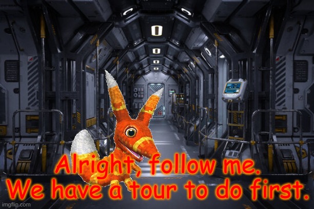 Alright, follow me. We have a tour to do first. | image tagged in futuristic space station or spaceship interior corridor science | made w/ Imgflip meme maker