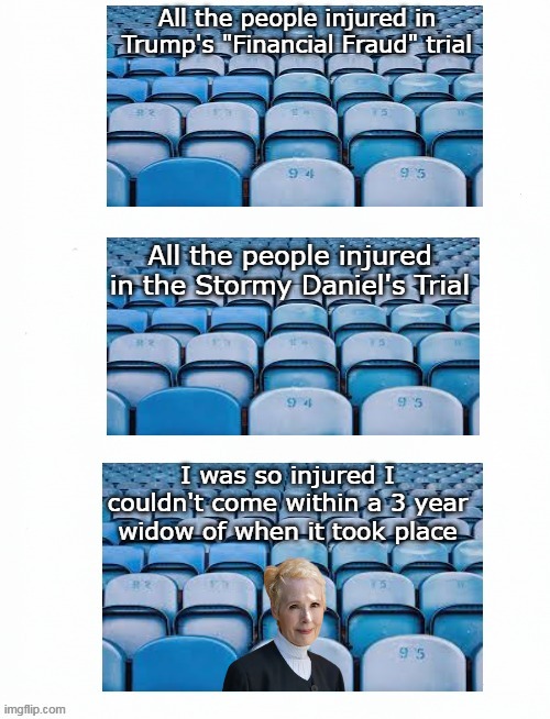 Trump's "Trials And TRIVIALIZATION" | All the people injured in Trump's "Financial Fraud" trial; All the people injured in the Stormy Daniel's Trial; I was so injured I couldn't come within a 3 year widow of when it took place | image tagged in no humans were injured in the making of this meme | made w/ Imgflip meme maker
