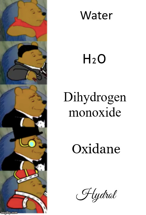 ultimate fancy pooh | Water; H₂O; Dihydrogen monoxide; Oxidane; Hydrol | image tagged in ultimate fancy pooh | made w/ Imgflip meme maker