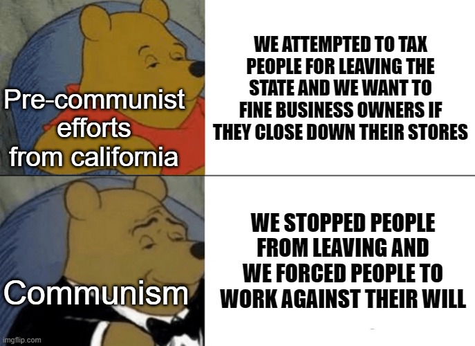 Tuxedo Winnie The Pooh Meme | WE ATTEMPTED TO TAX PEOPLE FOR LEAVING THE STATE AND WE WANT TO FINE BUSINESS OWNERS IF THEY CLOSE DOWN THEIR STORES; Pre-communist efforts from california; WE STOPPED PEOPLE FROM LEAVING AND WE FORCED PEOPLE TO WORK AGAINST THEIR WILL; Communism | image tagged in memes,tuxedo winnie the pooh | made w/ Imgflip meme maker
