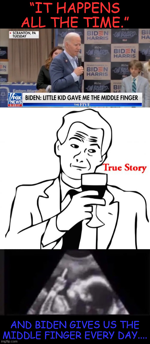 “It happens all the time.” - Joe Biden...   81 Million votes...  Yeah... Right... | “IT HAPPENS ALL THE TIME.”; AND BIDEN GIVES US THE MIDDLE FINGER EVERY DAY.... | image tagged in memes,true story,democrats,2020,election cheat,signs everywhere | made w/ Imgflip meme maker