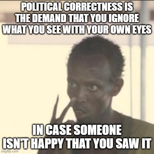 Look At Me Meme | POLITICAL CORRECTNESS IS THE DEMAND THAT YOU IGNORE WHAT YOU SEE WITH YOUR OWN EYES; IN CASE SOMEONE ISN'T HAPPY THAT YOU SAW IT | image tagged in memes,look at me | made w/ Imgflip meme maker