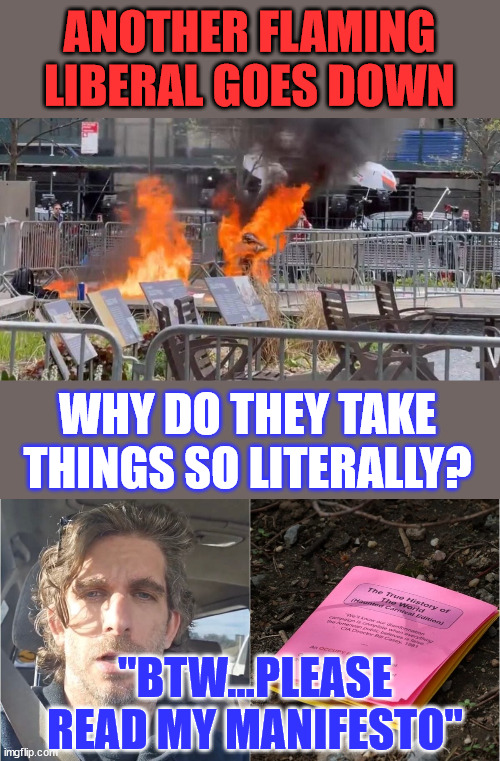 Flaming liberal... flamed out... | ANOTHER FLAMING LIBERAL GOES DOWN; WHY DO THEY TAKE THINGS SO LITERALLY? "BTW...PLEASE READ MY MANIFESTO" | image tagged in insane people,manifesto,advertising | made w/ Imgflip meme maker