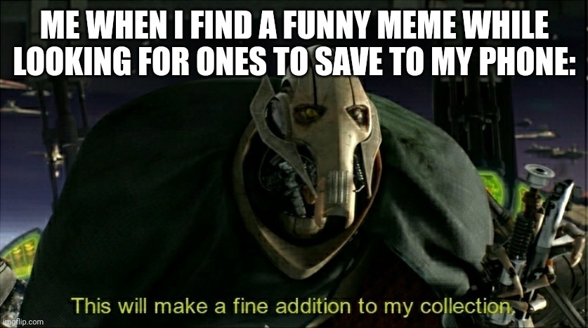 Memes are pretty cool | ME WHEN I FIND A FUNNY MEME WHILE LOOKING FOR ONES TO SAVE TO MY PHONE: | image tagged in this will make a fine addition to my collection | made w/ Imgflip meme maker