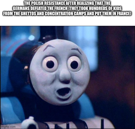 oh shit thomas | THE POLISH RESISTANCE AFTER REALIZING THAT THE GERMANS DEFEATED THE FRENCH (THEY TOOK HUNDREDS OF KIDS FROM THE GHETTOS AND CONCENTRATION CAMPS AND PUT THEM IN FRANCE) | image tagged in oh shit thomas | made w/ Imgflip meme maker