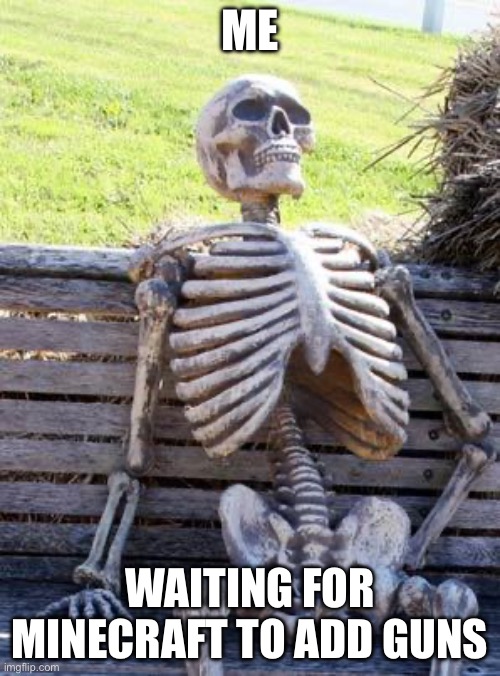 Bro when???? | ME; WAITING FOR MINECRAFT TO ADD GUNS | image tagged in memes,waiting skeleton | made w/ Imgflip meme maker