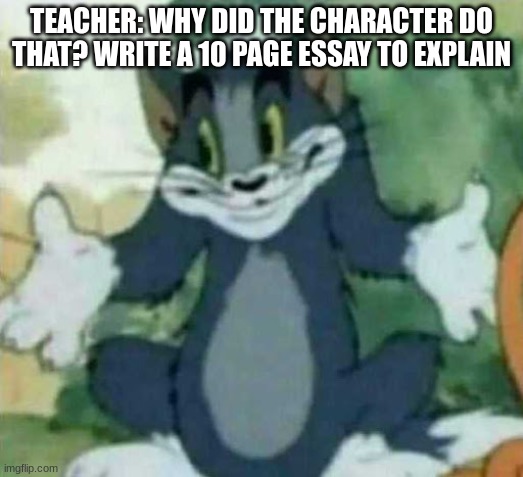 what | TEACHER: WHY DID THE CHARACTER DO THAT? WRITE A 10 PAGE ESSAY TO EXPLAIN | image tagged in tom i dont know meme | made w/ Imgflip meme maker
