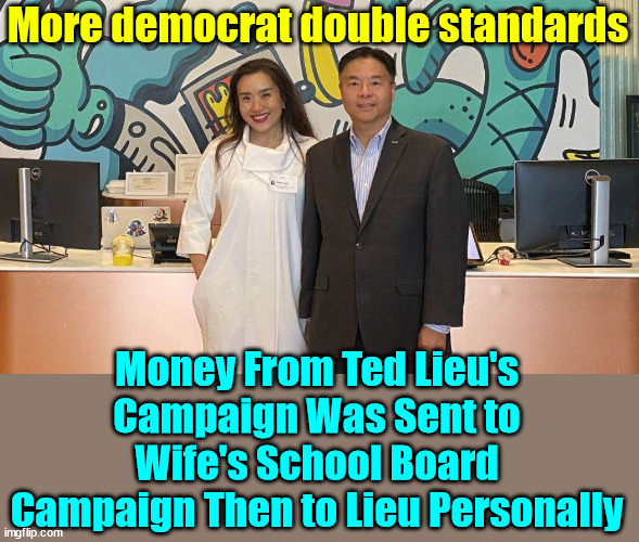 More democrat double standards | More democrat double standards; Money From Ted Lieu's Campaign Was Sent to Wife's School Board Campaign Then to Lieu Personally | image tagged in democrats,double standards,corrupt | made w/ Imgflip meme maker