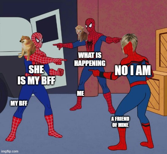 Spider Man Triple | WHAT IS HAPPENING; SHE IS MY BFF; NO I AM; ME; MY BFF; A FRIEND OF MINE | image tagged in spider man triple | made w/ Imgflip meme maker