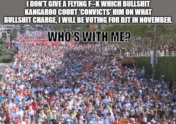 Huge crowd | I DON'T GIVE A FLYING F--K WHICH BULLSHIT KANGAROO COURT 'CONVICTS' HIM ON WHAT BULLSHIT CHARGE, I WILL BE VOTING FOR DJT IN NOVEMBER. WHO'S WITH ME? | image tagged in huge crowd | made w/ Imgflip meme maker