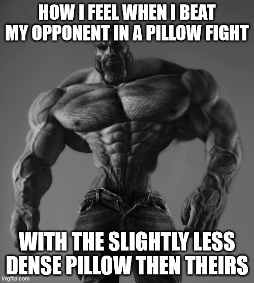 pls title. brain empty. | HOW I FEEL WHEN I BEAT MY OPPONENT IN A PILLOW FIGHT; WITH THE SLIGHTLY LESS DENSE PILLOW THEN THEIRS | image tagged in gigachad | made w/ Imgflip meme maker