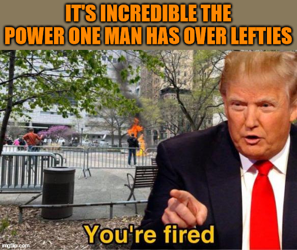 Next... they'll accuse Trump of controlling their minds... | IT'S INCREDIBLE THE POWER ONE MAN HAS OVER LEFTIES | image tagged in you are fired,donald trump,tds,spontaneous,combustion | made w/ Imgflip meme maker