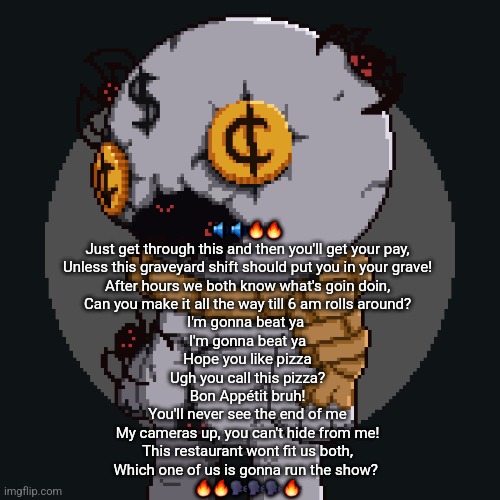 After hours - jt music >>>>>>> | 🔉🔉🔥🔥
Just get through this and then you'll get your pay,
Unless this graveyard shift should put you in your grave!
After hours we both know what's goin doin,
Can you make it all the way till 6 am rolls around?
I'm gonna beat ya 
I'm gonna beat ya
Hope you like pizza
Ugh you call this pizza?
Bon Appétit bruh!
You'll never see the end of me
My cameras up, you can't hide from me!
This restaurant wont fit us both,
Which one of us is gonna run the show? 
🔥🔥🗣🗣🗣🔥 | image tagged in tainted keeper ig | made w/ Imgflip meme maker