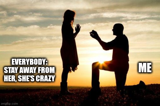 Bad decisions | EVERYBODY: STAY AWAY FROM HER, SHE'S CRAZY; ME | image tagged in marry me | made w/ Imgflip meme maker