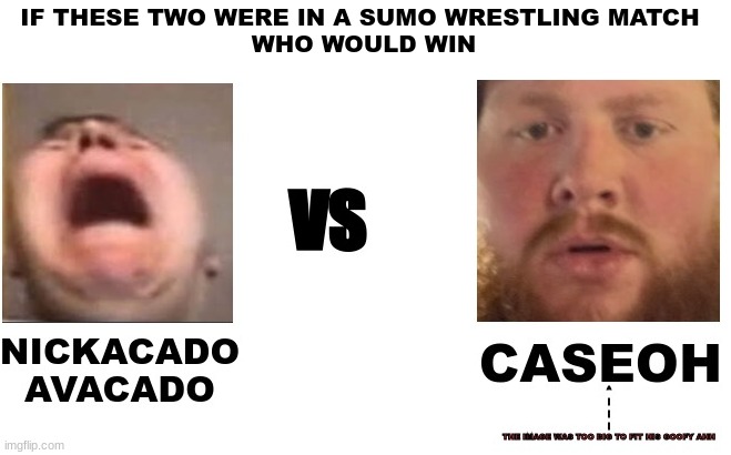 Imagine these two in a sumo wrestling match | IF THESE TWO WERE IN A SUMO WRESTLING MATCH 
WHO WOULD WIN | image tagged in memes,funny,nikocado avocado,caseoh,fat bastard,sumo | made w/ Imgflip meme maker