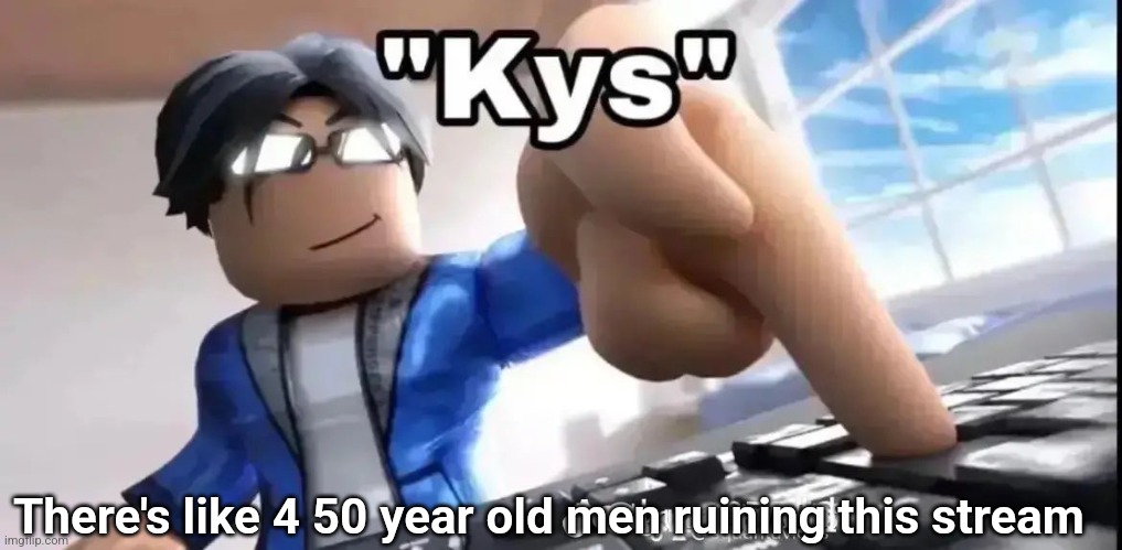 @flamewar @kewlew @brattman @foxy501 | There's like 4 50 year old men ruining this stream | image tagged in kys roblox | made w/ Imgflip meme maker