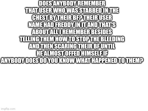 TW: suicide and abuse | DOES ANYBODY REMEMBER THAT USER WHO WAS STABBED IN THE CHEST BY THEIR BF? THEIR USER NAME HAD FREDDY IN IT AND THAT'S ABOUT ALL I REMEMBER BESIDES TELLING THEM HOW TO STOP THE BLEEDING AND THEN SCARING THEIR BF UNTIL HE ALMOST OFFED HIMSELF IF ANYBODY DOES DO YOU KNOW WHAT HAPPENED TO THEM? | made w/ Imgflip meme maker