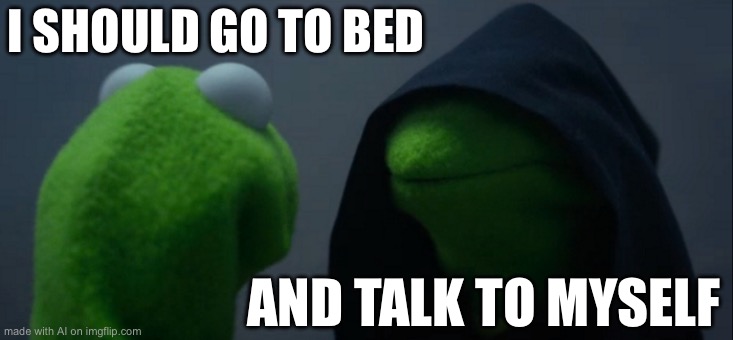 Evil Kermit Meme | I SHOULD GO TO BED; AND TALK TO MYSELF | image tagged in memes,evil kermit | made w/ Imgflip meme maker