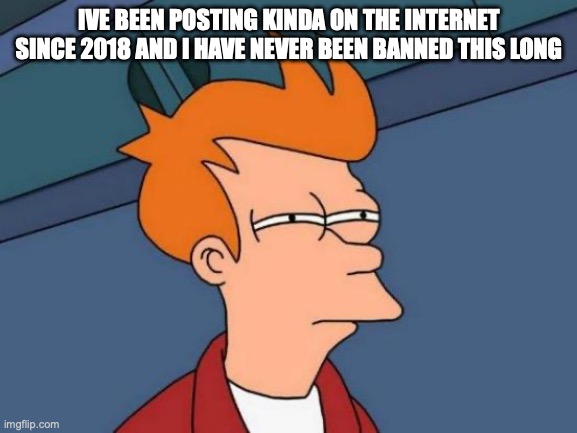 Futurama Fry Meme | IVE BEEN POSTING KINDA ON THE INTERNET SINCE 2018 AND I HAVE NEVER BEEN BANNED THIS LONG | image tagged in memes,futurama fry | made w/ Imgflip meme maker