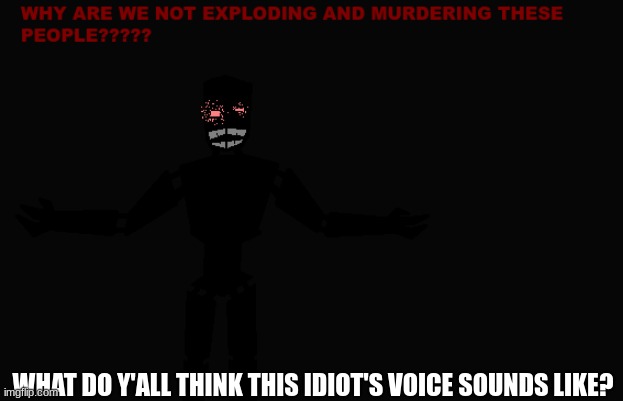Why are we not exploding and murdering these people??? | WHAT DO Y'ALL THINK THIS IDIOT'S VOICE SOUNDS LIKE? | image tagged in why are we not exploding and murdering these people | made w/ Imgflip meme maker