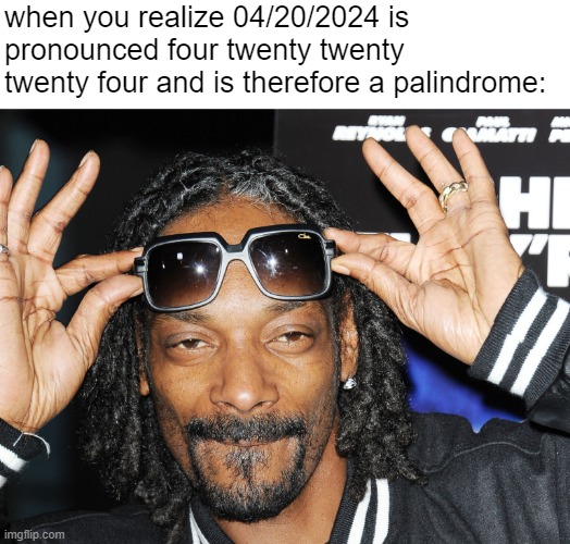 snoop doggy dawg | when you realize 04/20/2024 is pronounced four twenty twenty twenty four and is therefore a palindrome: | image tagged in snoop doggy dawg | made w/ Imgflip meme maker