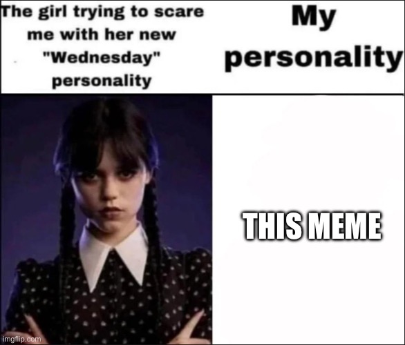 The girl trying to scare me with her new Wednesday personality | THIS MEME | image tagged in the girl trying to scare me with her new wednesday personality | made w/ Imgflip meme maker