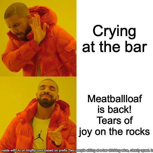 meatballloaf is back, tears | Crying at the bar; Meatballloaf is back! Tears of joy on the rocks | image tagged in memes,drake hotline bling | made w/ Imgflip meme maker