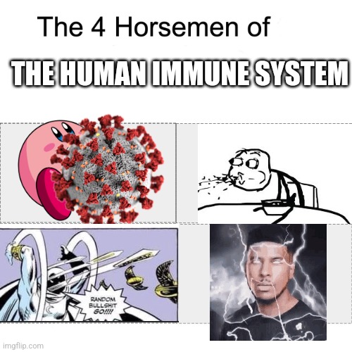 The eater, vomiter, B cell and, Low Tier Cell | THE HUMAN IMMUNE SYSTEM | image tagged in four horsemen | made w/ Imgflip meme maker