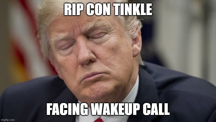trump sleeping | RIP CON TINKLE; FACING WAKEUP CALL | image tagged in trump asleep eyes closed old man's nap time,rip con tinkle | made w/ Imgflip meme maker
