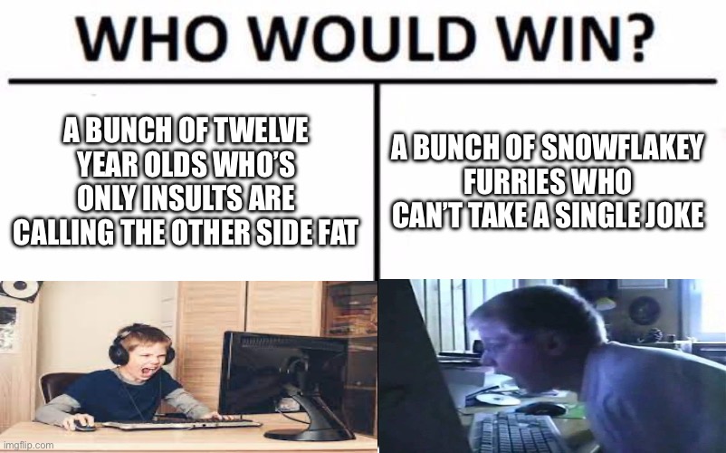 Who Would Win? Meme | A BUNCH OF TWELVE YEAR OLDS WHO’S ONLY INSULTS ARE CALLING THE OTHER SIDE FAT A BUNCH OF SNOWFLAKEY FURRIES WHO CAN’T TAKE A SINGLE JOKE | image tagged in memes,who would win | made w/ Imgflip meme maker