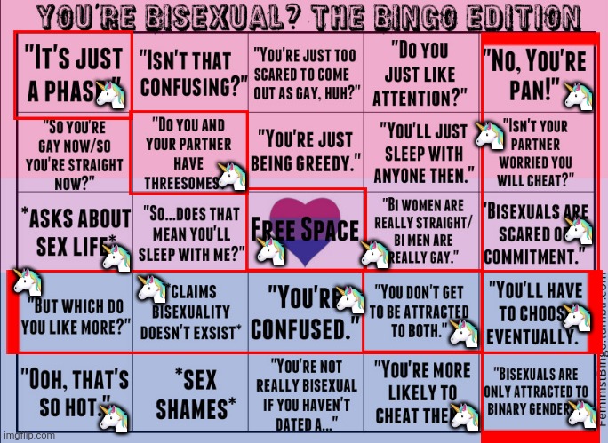 You're bisexual? Bingo. | 🦄; 🦄; 🦄; 🦄; 🦄; 🦄; 🦄; 🦄; 🦄; 🦄; 🦄; 🦄; 🦄; 🦄; 🦄; 🦄 | image tagged in bisexual bingo,bisexual,bingo,lgbtq | made w/ Imgflip meme maker