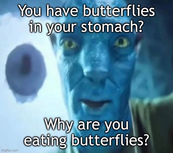 That’s bad for you! | You have butterflies in your stomach? Why are you eating butterflies? | image tagged in avatar guy,memes | made w/ Imgflip meme maker