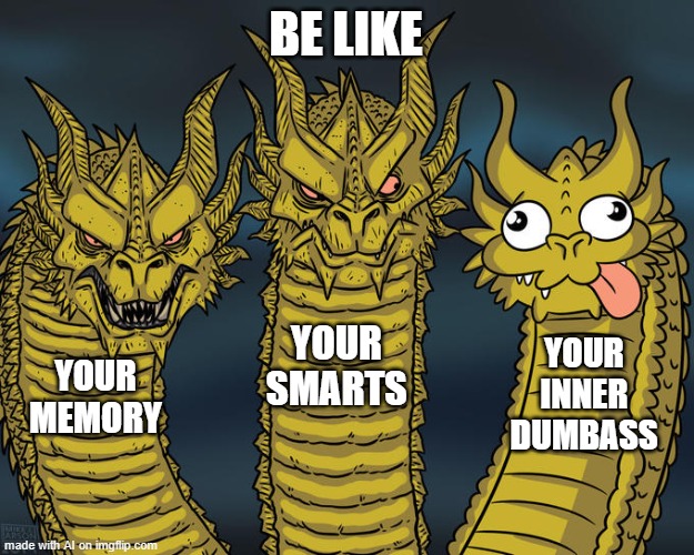 Three-headed Dragon | BE LIKE; YOUR SMARTS; YOUR INNER DUMBASS; YOUR MEMORY | image tagged in three-headed dragon | made w/ Imgflip meme maker