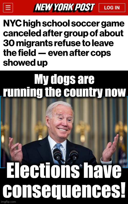 Especially cheated elections | My dogs are running the country now; Elections have consequences! | image tagged in memes,joe biden,migrants,illegal immigrants,new york city,democrats | made w/ Imgflip meme maker