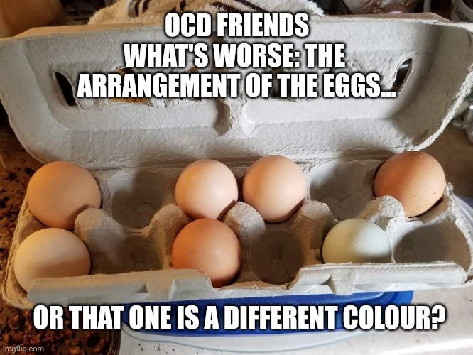 OCD eggs | OCD FRIENDS
WHAT'S WORSE: THE 
ARRANGEMENT OF THE EGGS... OR THAT ONE IS A DIFFERENT COLOUR? | image tagged in ocd,eggs | made w/ Imgflip meme maker