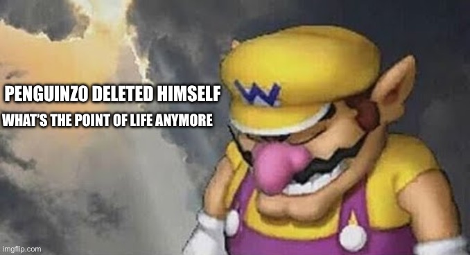 Sad Wario Original | PENGUINZ0 DELETED HIMSELF; WHAT’S THE POINT OF LIFE ANYMORE | image tagged in sad wario original | made w/ Imgflip meme maker