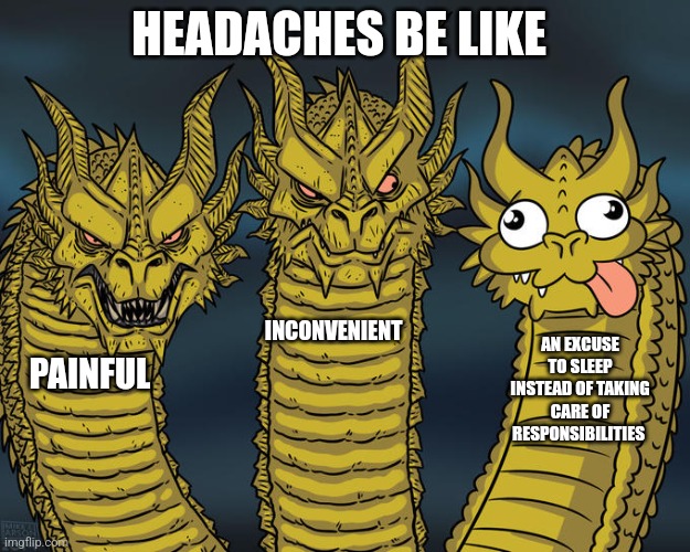 Headaches can be a blessing in disguise | HEADACHES BE LIKE; INCONVENIENT; AN EXCUSE TO SLEEP INSTEAD OF TAKING CARE OF RESPONSIBILITIES; PAINFUL | image tagged in three-headed dragon,headaches,relatable,jpfan102504 | made w/ Imgflip meme maker