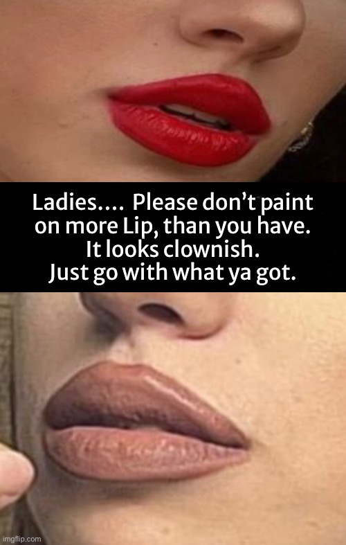 Solving World Problems  —  One Lip at a Time | Ladies….  Please don’t paint
on more Lip, than you have.
It looks clownish.
Just go with what ya got. | image tagged in memes,women,ladies,lips,you dont want to look like a tranny do ya | made w/ Imgflip meme maker
