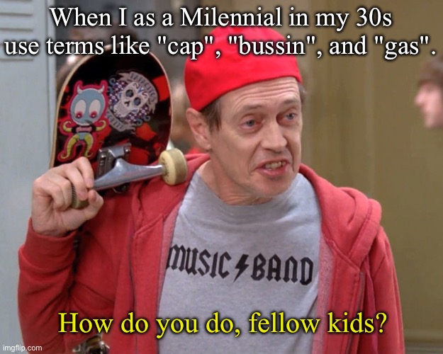 Steve Buscemi Fellow Kids | When I as a Milennial in my 30s use terms like "cap", "bussin", and "gas". How do you do, fellow kids? | image tagged in steve buscemi fellow kids,gen z,millennial,slang,getting old | made w/ Imgflip meme maker