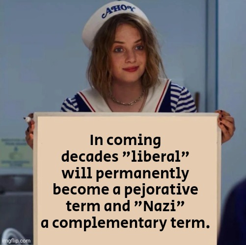 Words are meaningless | In coming decades "liberal" will permanently become a pejorative term and "Nazi" a complementary term. | image tagged in robin stranger things meme,liberal logic,liberals,nazi | made w/ Imgflip meme maker