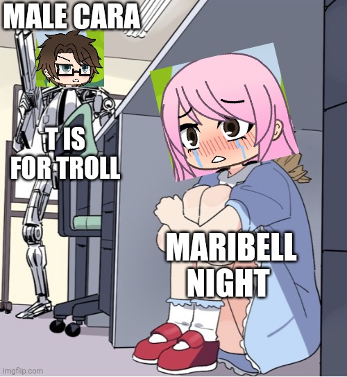 Male Cara chases Maribell Night because she muted Skibidi Toilet. | MALE CARA; T IS FOR TROLL; MARIBELL NIGHT | image tagged in pop up school 2,pus2,male cara,x is for x,maribell night,troll | made w/ Imgflip meme maker