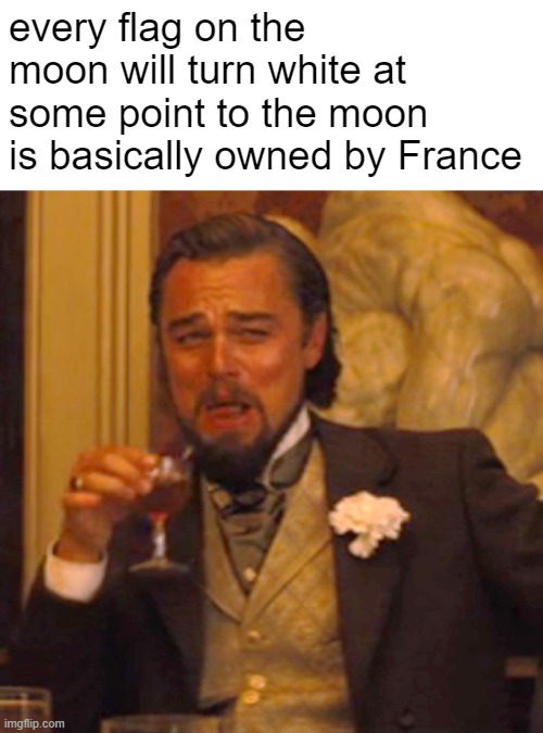 When you realize | every flag on the moon will turn white at some point to the moon is basically owned by France | image tagged in memes,laughing leo,france | made w/ Imgflip meme maker