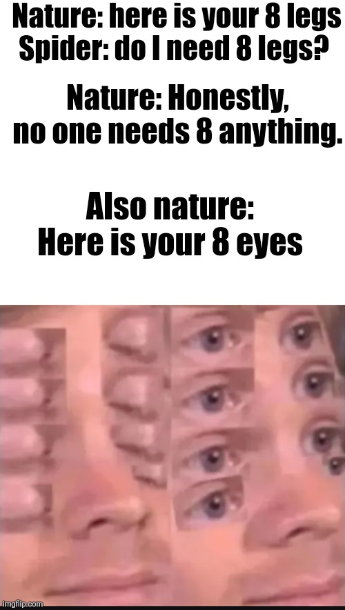 Logic | Nature: here is your 8 legs



Spider: do I need 8 legs? Nature: Honestly, no one needs 8 anything. Also nature: Here is your 8 eyes | image tagged in funny,memes,funny memes,hilarious | made w/ Imgflip meme maker