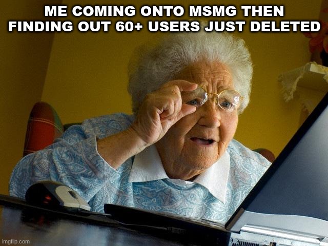 Grandma Finds The Internet | ME COMING ONTO MSMG THEN FINDING OUT 60+ USERS JUST DELETED | image tagged in memes,grandma finds the internet | made w/ Imgflip meme maker