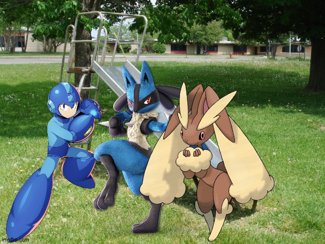 Megaman,Lucario and Lopunny having fun at the playground | image tagged in metal playground slide,crossover,megaman,pokemon | made w/ Imgflip meme maker