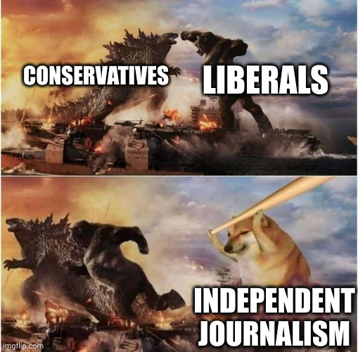 Time to checkmate blind partisanship | LIBERALS; CONSERVATIVES; INDEPENDENT JOURNALISM | image tagged in kong godzilla doge,journalism,fact check,memes,democracy,free media | made w/ Imgflip meme maker