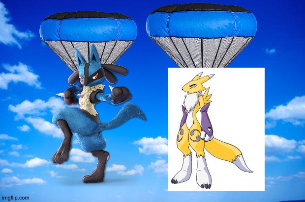 Lucario and Renamon parachuting | image tagged in blue sky,pokemon,digimon,crossover | made w/ Imgflip meme maker