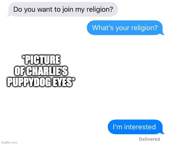 whats your religion | *PICTURE OF CHARLIE'S PUPPYDOG EYES* | image tagged in whats your religion,hazbin hotel | made w/ Imgflip meme maker