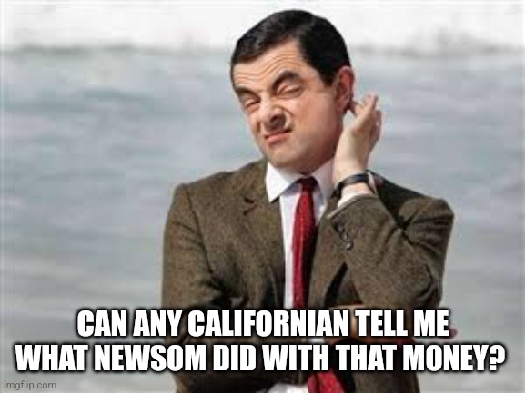 Mr Bean Sarcastic | CAN ANY CALIFORNIAN TELL ME WHAT NEWSOM DID WITH THAT MONEY? | image tagged in mr bean sarcastic | made w/ Imgflip meme maker